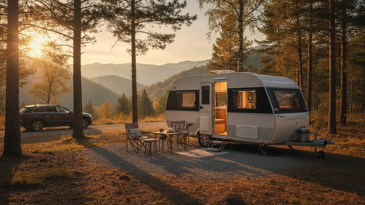 Campingvogn parkeret ved naturskønt teltplads med åben dør og hyggeligt interiør