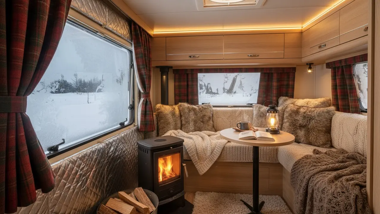 Vinterklargjort campingvognsinteriør med varmeovn og isolerede vinduer, sne udenfor
