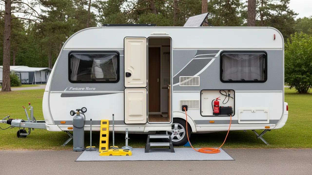 Nødvendigt udstyr ved campingvogn: gasflaske, støtteben, el-kabel, batteri og synlig brandslukker