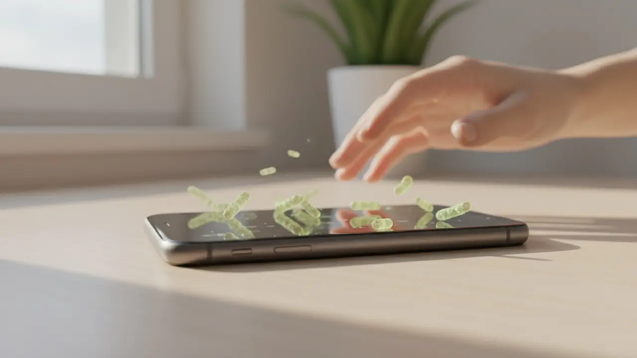 Smartphone på bord med visualiserede bakterier på skærmen