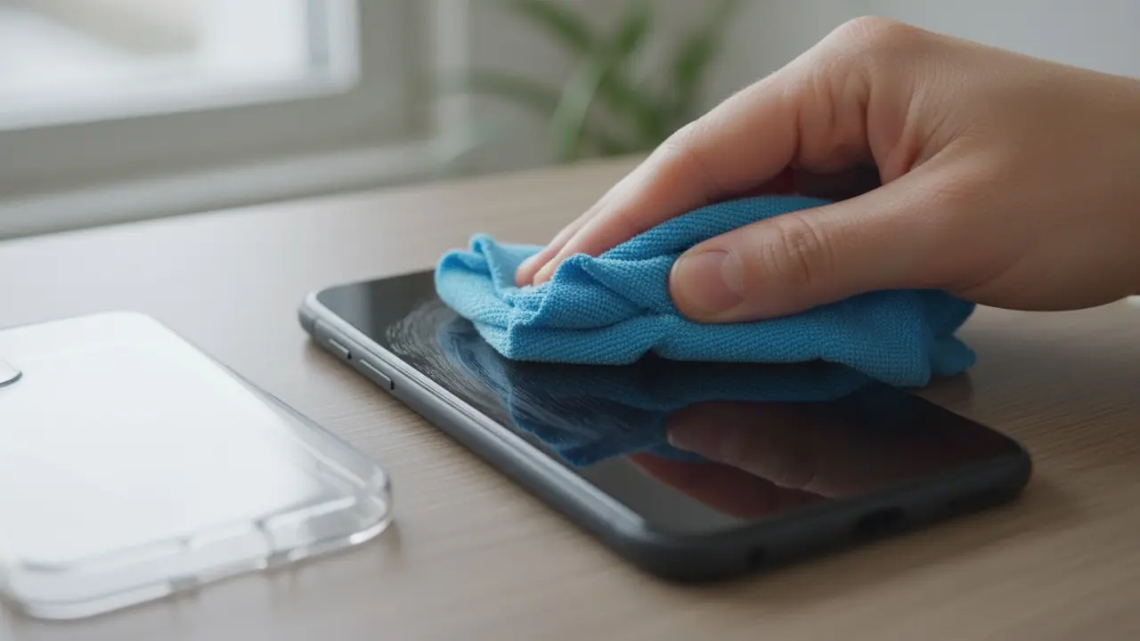 Hånd aftørrer smartphone-skærm med mikrofiberklud, cover ved siden af