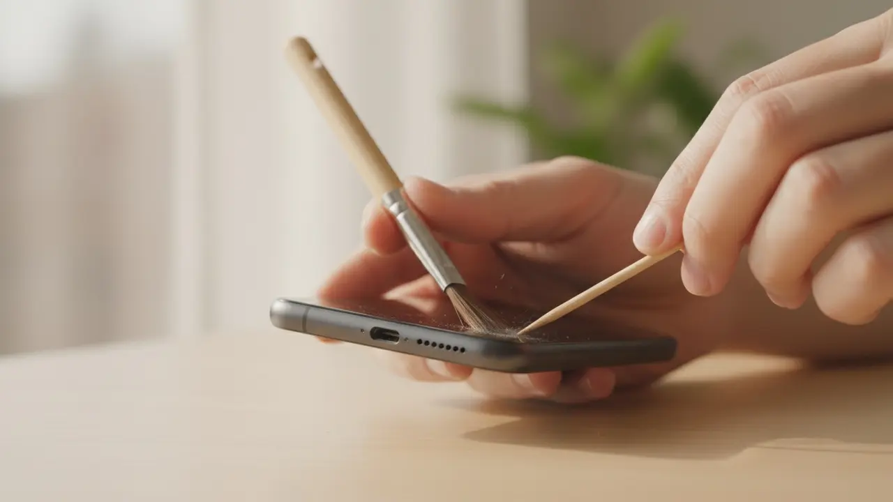 Nærbillede af rengøring af opladningsport med blød børste og tandstik