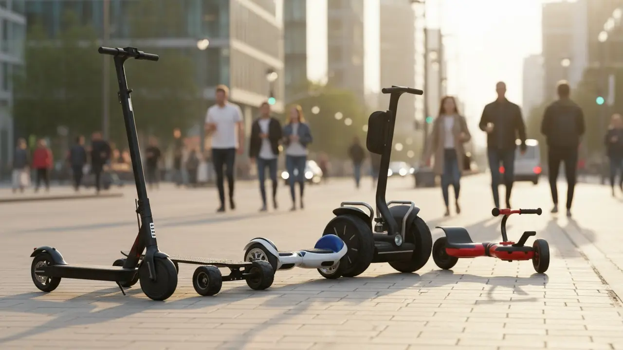 Forskellige elektriske køretøjer på række i en by: el-løbehjul, skateboard, hoverboard, Segway og hoverkart.