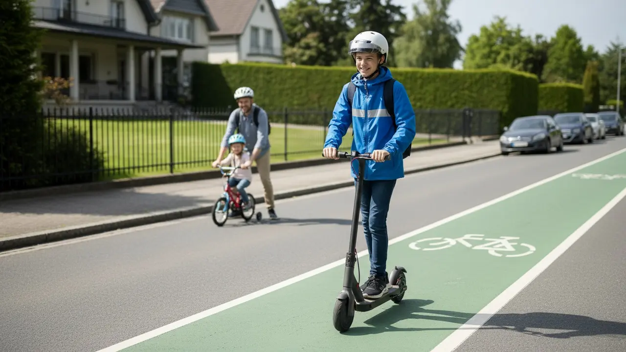 Teenager på el-løbehjul i cykelsti iført hjelm og refleks, voksen i baggrunden ved privat område.