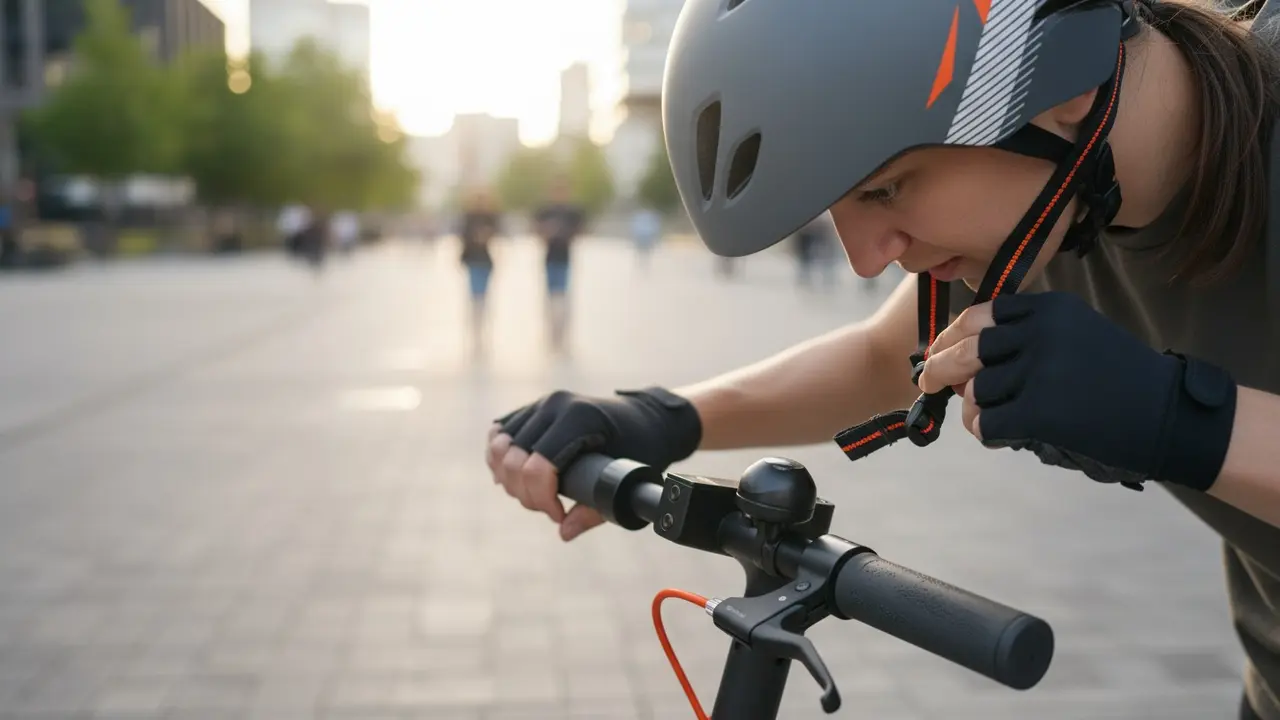 Person spænder cykelhjelm fast før kørsel på el-løbehjul, fokus på hjelm og sikkerhed.