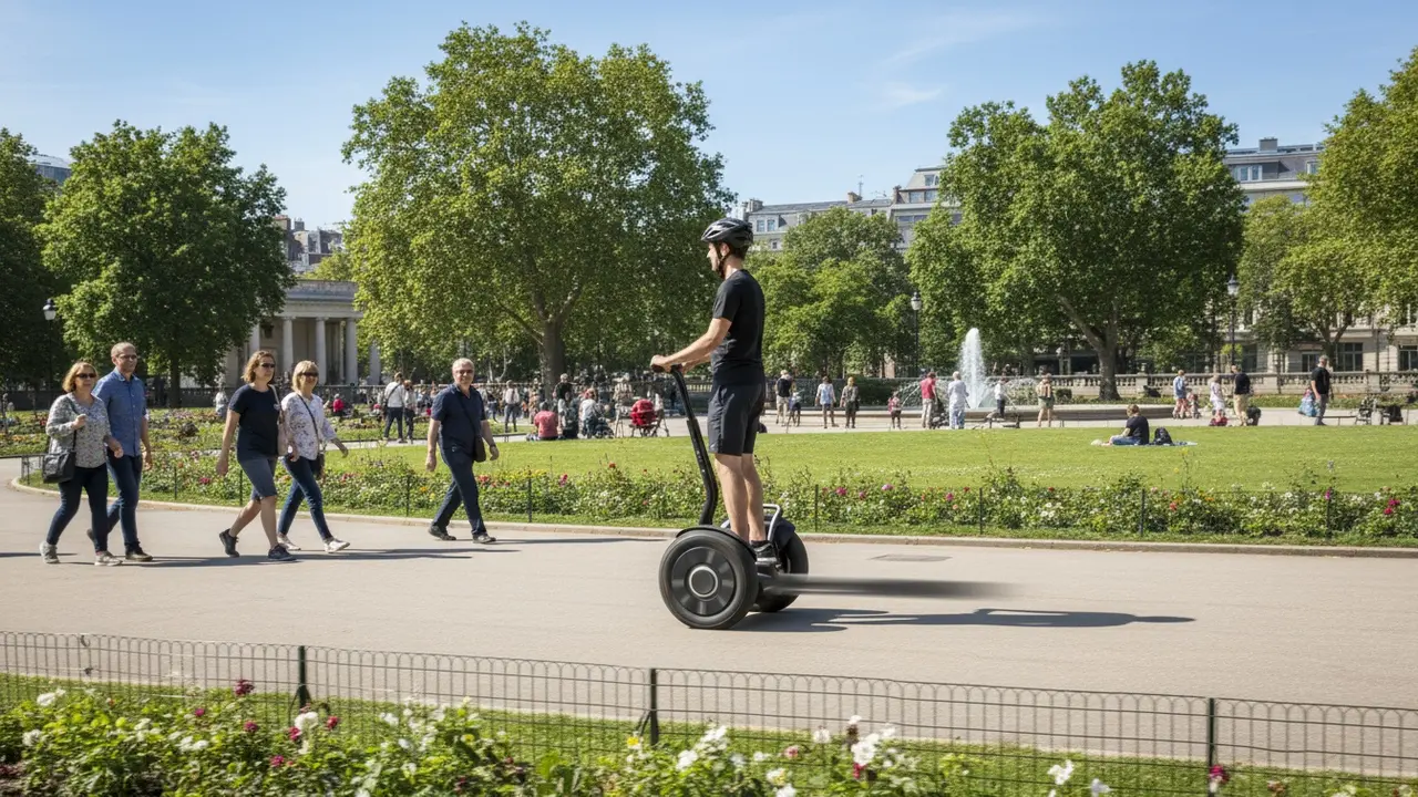 Person demonstrerer styring af Segway i park, hænder på styret og let fremadlænet kropsholdning.
