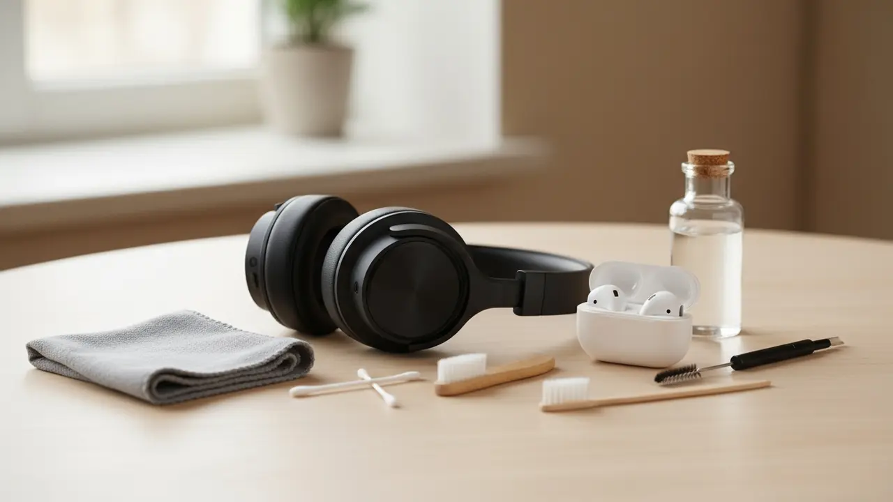 Både in-ear og over-ear høretelefoner med rengøringsredskaber på et bord.