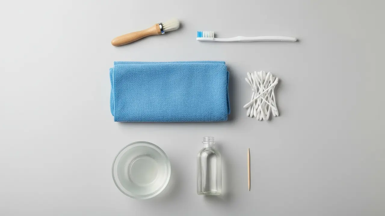 Oversigt af rengøringsmaterialer: klud, vatpinde, isopropyl, børster og en skål med lunkent vand.