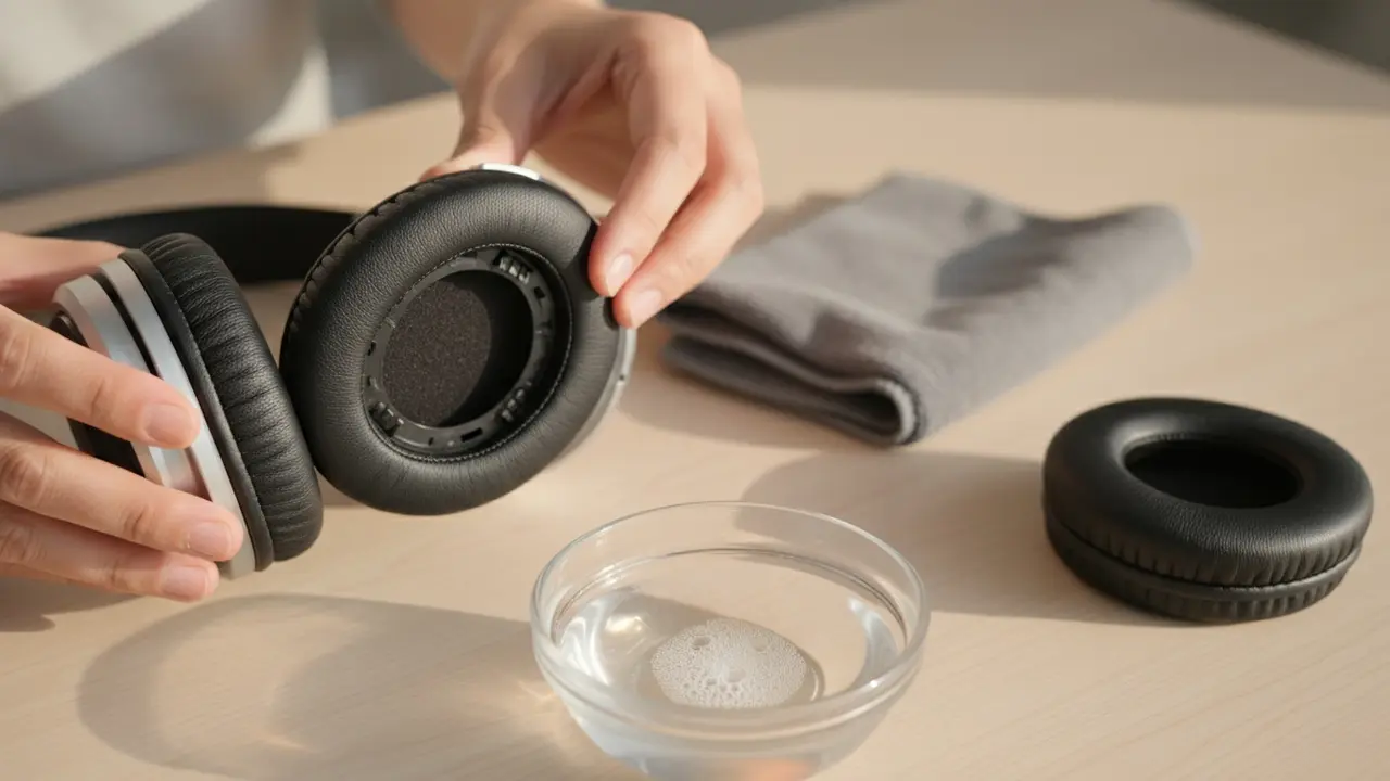 Hænder der forsigtigt fjerner en ørepude fra over-ear hovedtelefoner til rengøring.