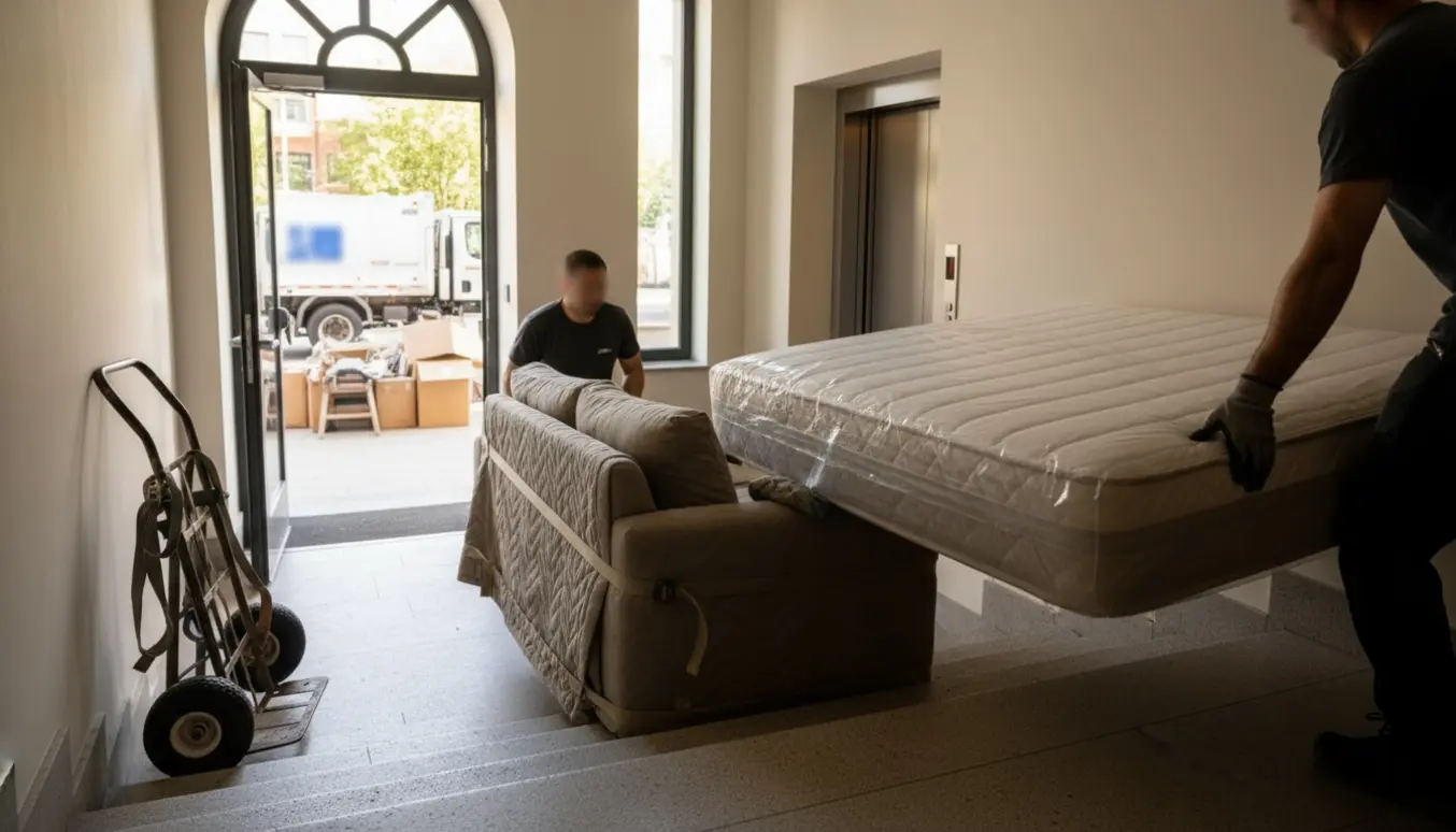 To flyttemænd bærer en 3-personers sofa og en stor dobbeltsengsmadras gennem en opgang mod en åben elevator, klar til storskrald.