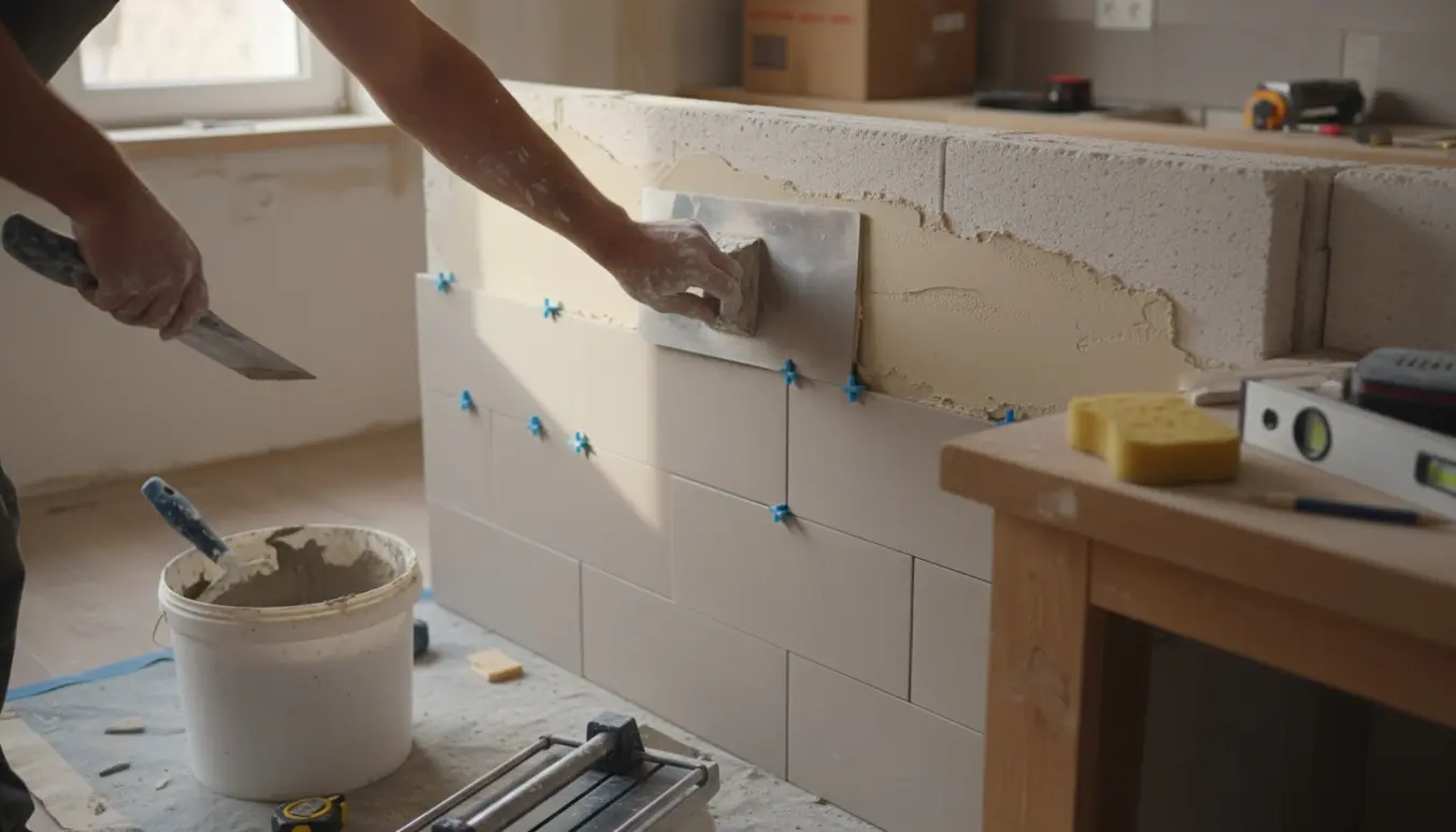 Hænder pudser og sætter fliser på en gasbetonvæg i et køkken.