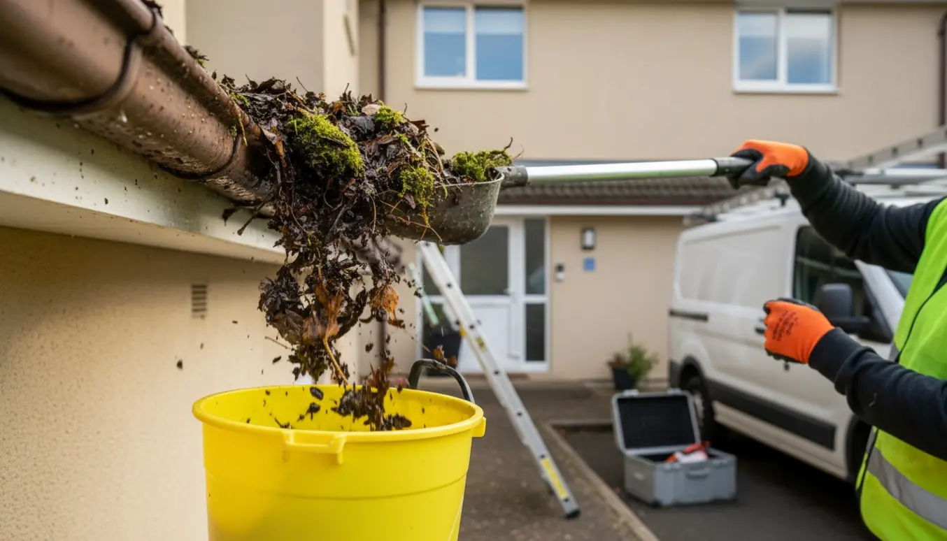 Nærbillede af en person, der renser fyldte tagrender med en forlængerskovl og spand ved en to-etagers udlejningsejendom.
