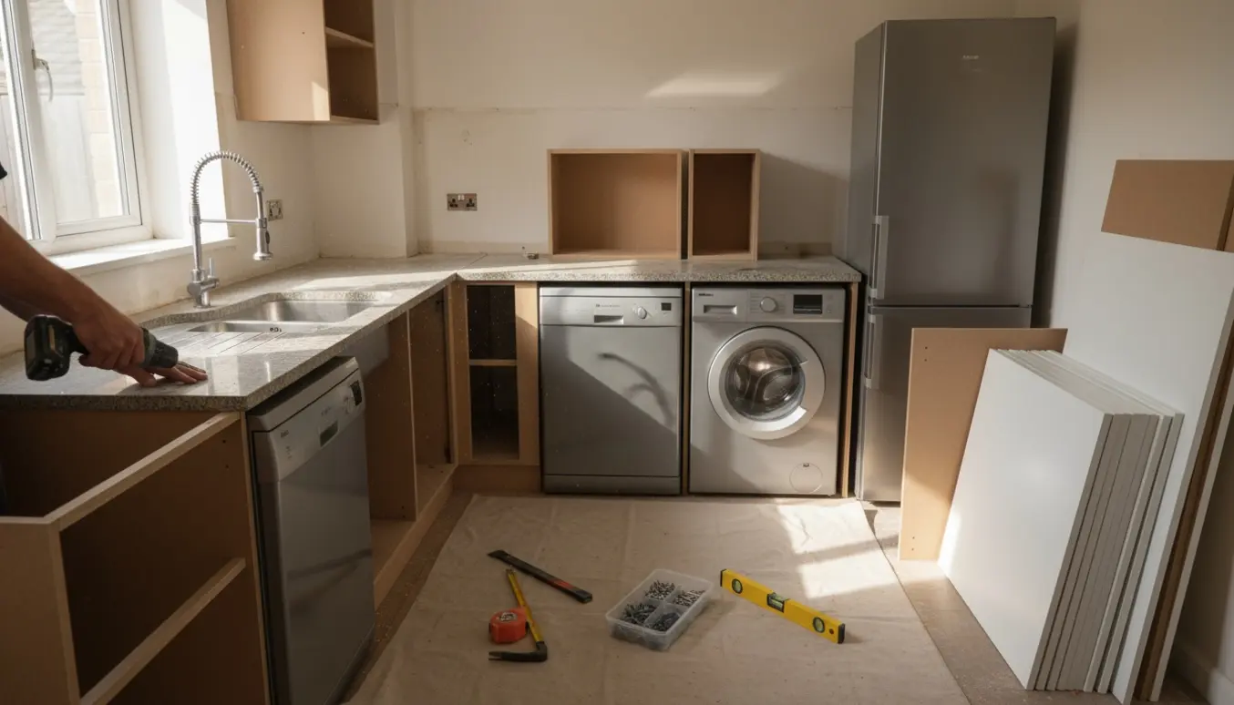 Køkken under renovering med nedtagne skabe og nye fladpakkede elementskabe ved den bevarede bordplade og hårde hvidevarer.