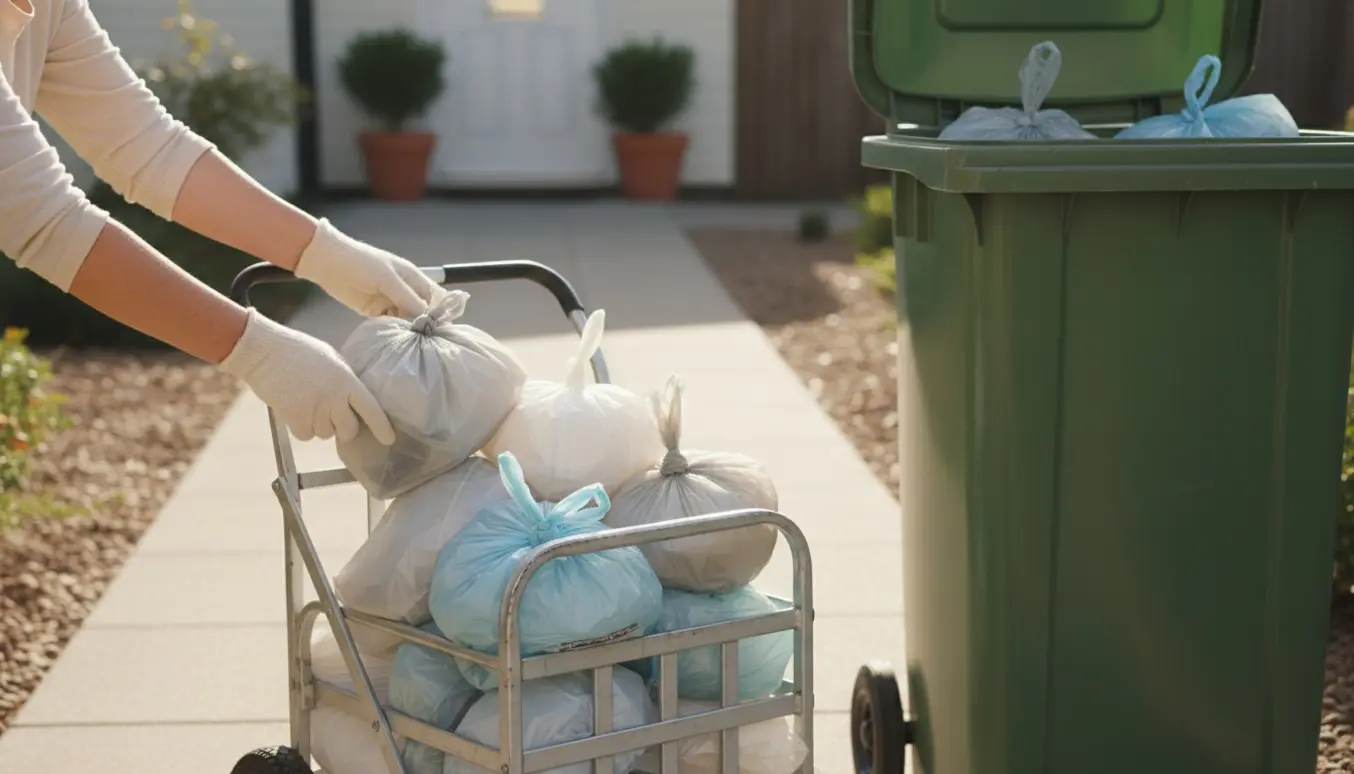 Kvinde set bagfra læsser flere små skraldeposer på en sammenklappelig trille ved en åben skraldebeholder.