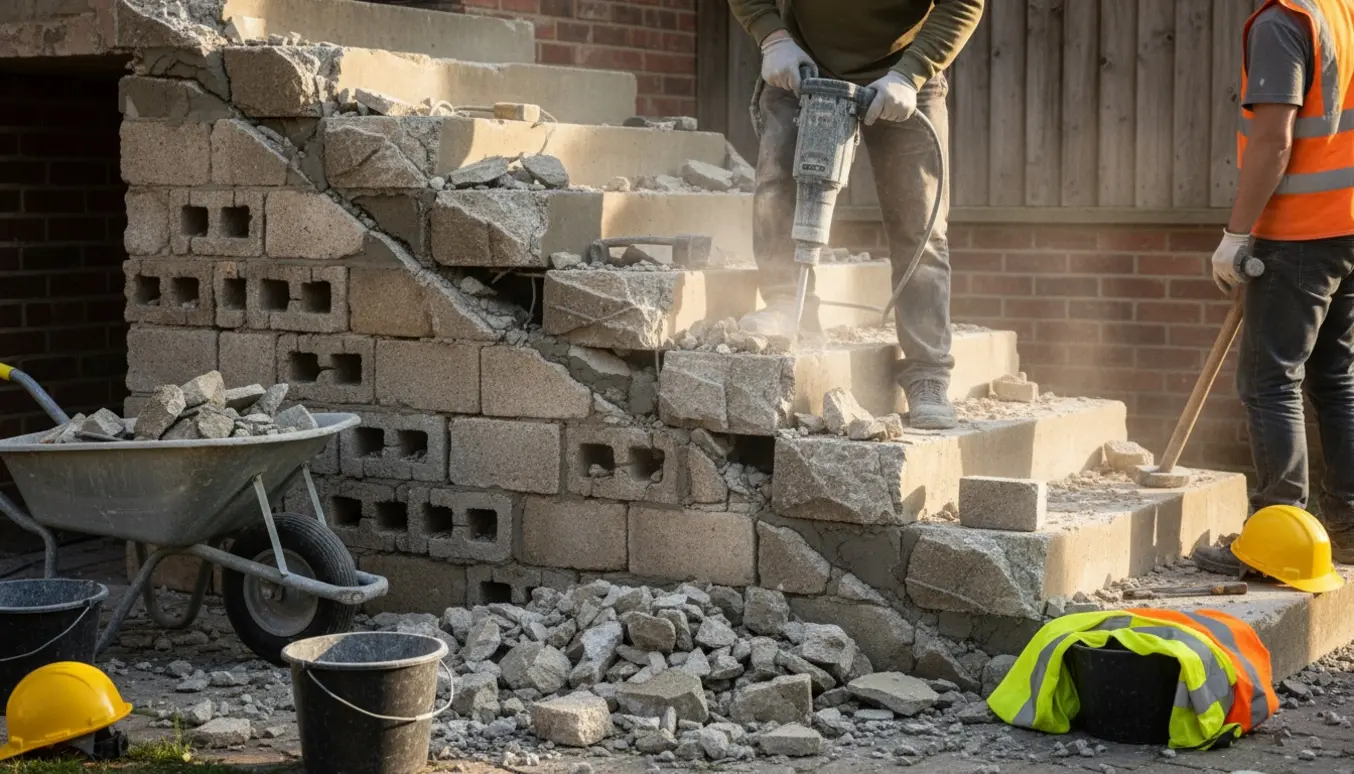 Delvist nedbrudt udendørs hovedtrappe med eksponerede H-sten i siderne, værktøj og støv under nedbrydning.