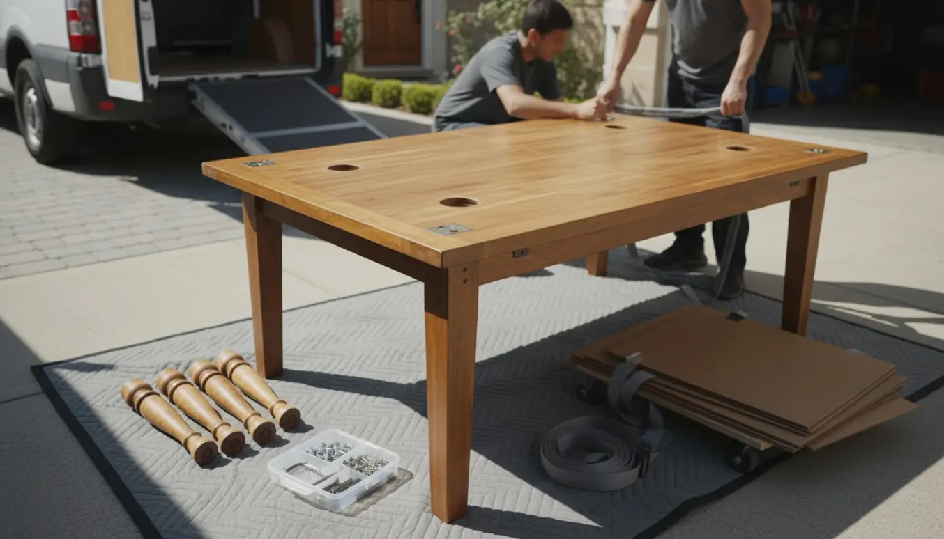 Adskilt spisebord med bordplade og ben klar til afhentning foran en åben flyttevogn.