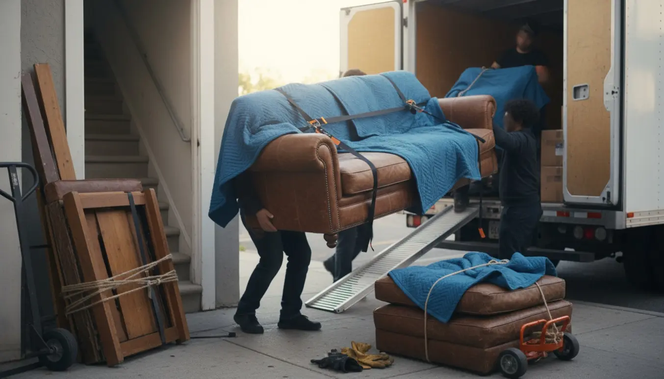 Adskilt brun skindsofa bæres ud af lejlighedens entré og læsses ind i en flyttevogn.