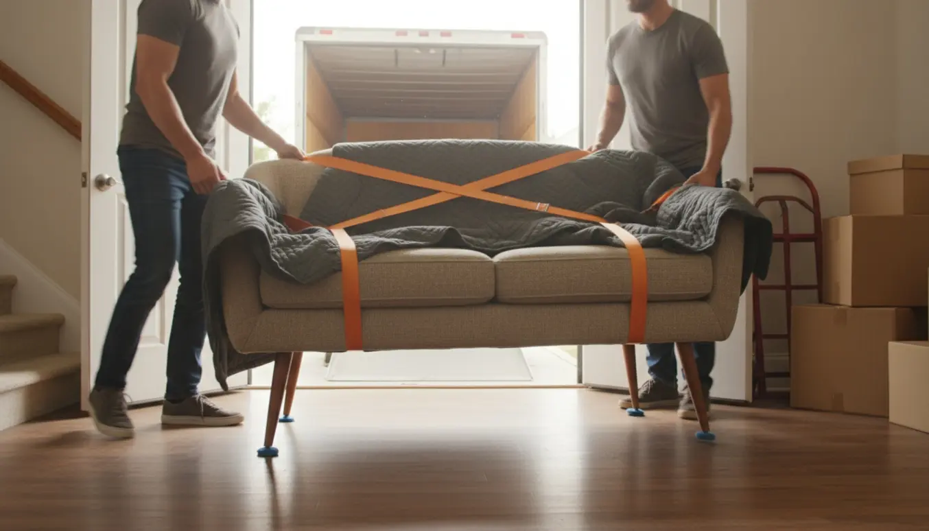 En sofa bæres ud af en lejlighed mod en flyttebil, pakket i flyttetæpper og spændt med remme.