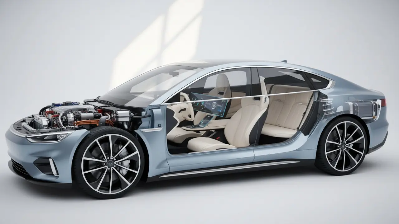 Cutaway af bilkarrosseri med synlig motor og kabine