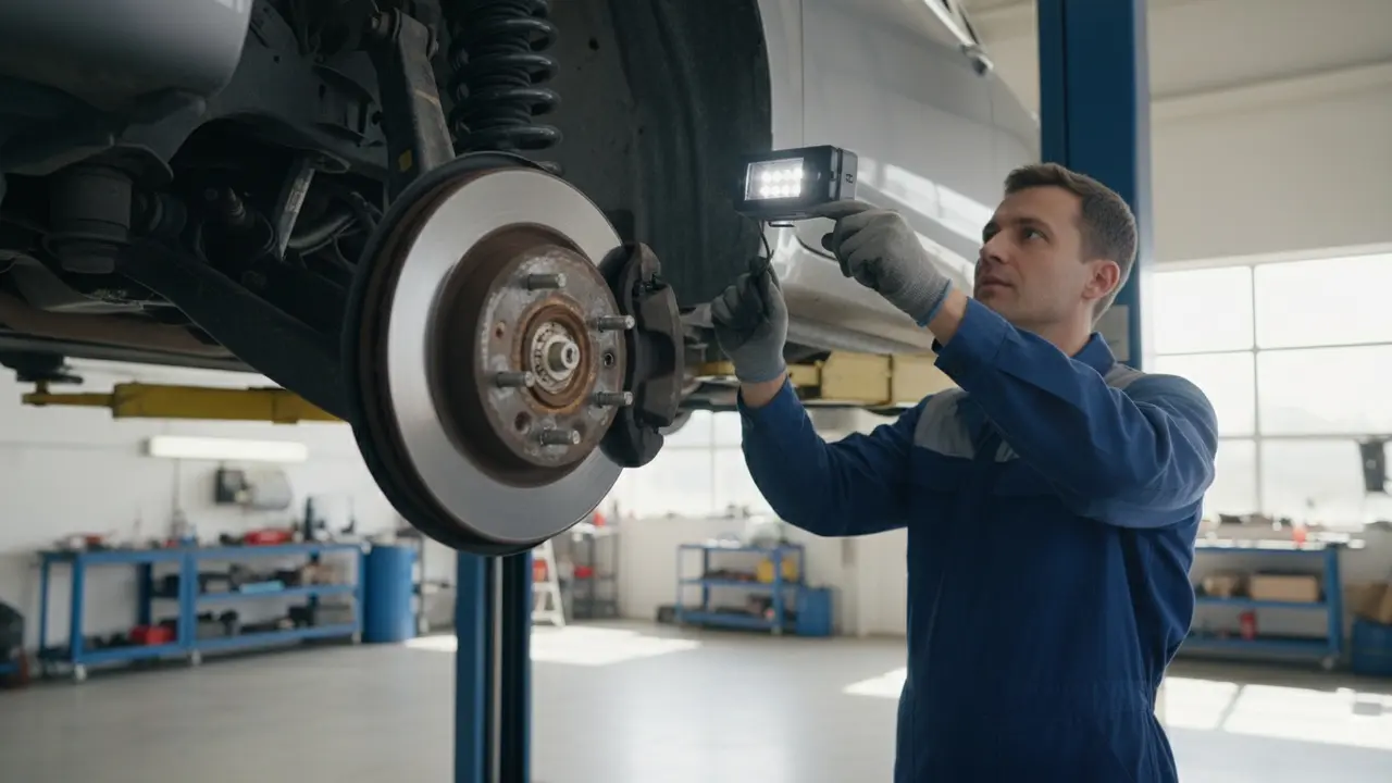 Mekaniker inspicerer undervogn på løftebukk, synlige rustpletter