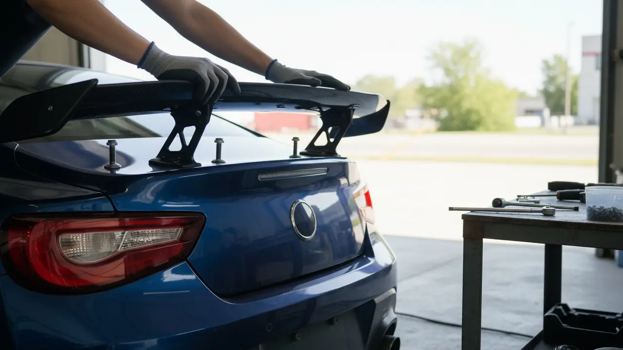 Tekniker monterer spoiler på bagenden af en sportsvogn