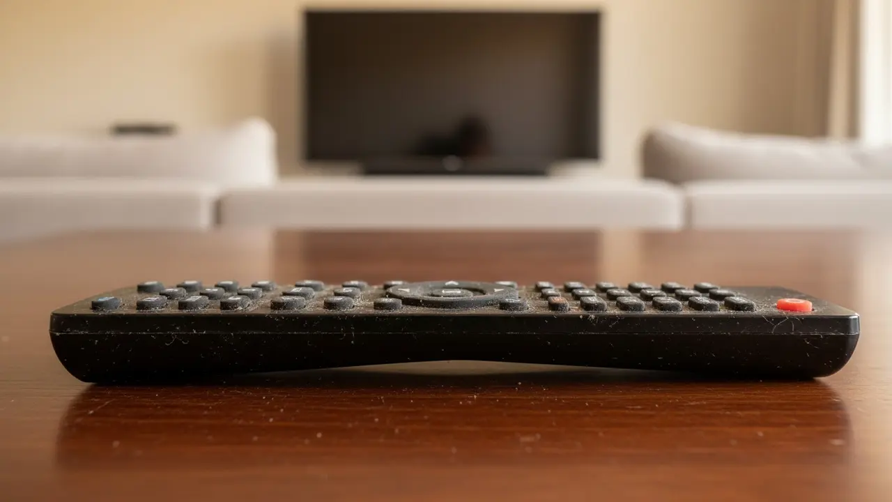 Fjernbetjening med synligt fedt og støv liggende på et stuebord