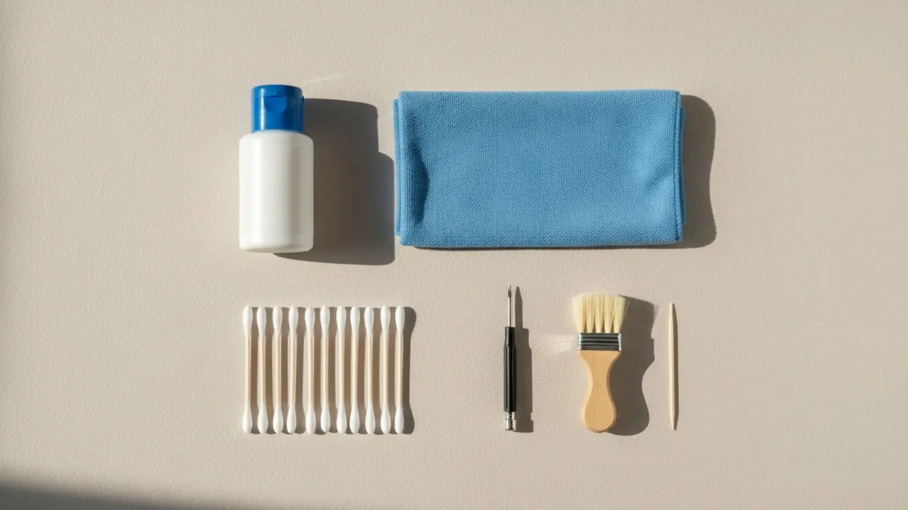 Rengøringsværktøj til fjernbetjening: håndsprit, klud, vatpinde og skruetrækker