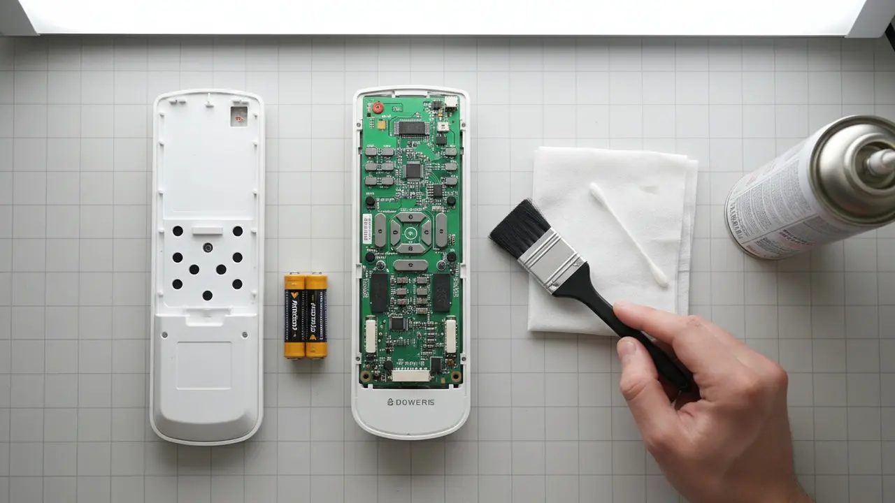 Åben fjernbetjening med printplade og værktøj til indvendig rengøring