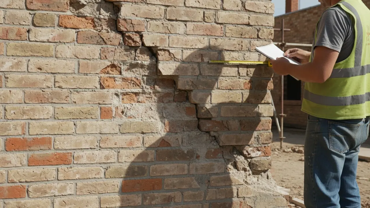 Udvendig mur med diagonale revner, afskallede mursten og en person der inspicerer