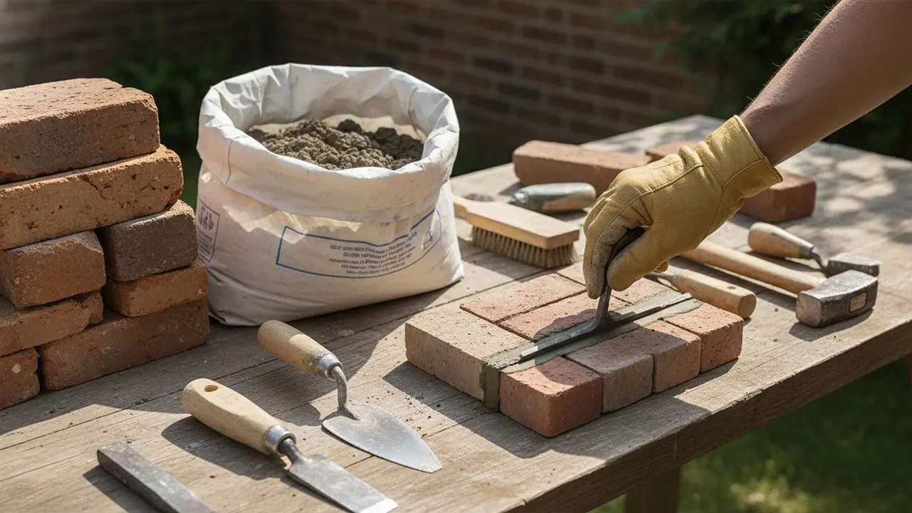 Værktøj og materialer til murerarbejde: mursten, mørtel, murske og fugeværktøj