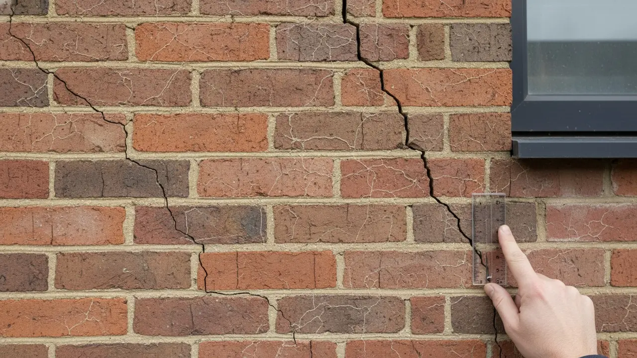 Murværk med både fine hårrevner og diagonale sætningsrevner ved vindueshjørne