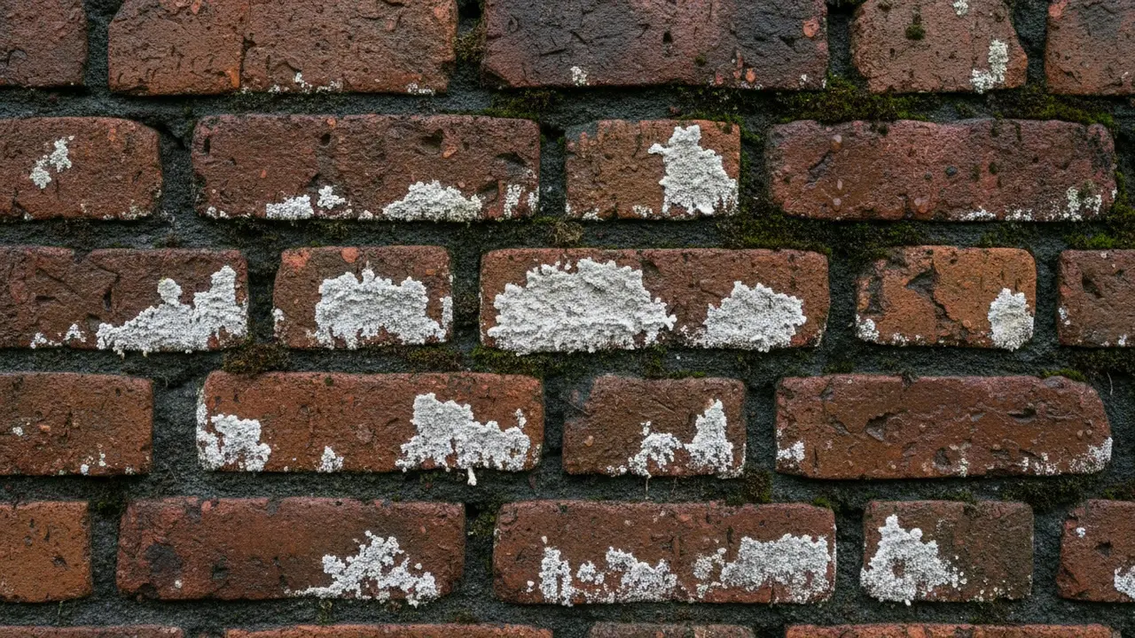 Mursten med mørke fugtpletter, hvide udblomstringer og grøn algevækst