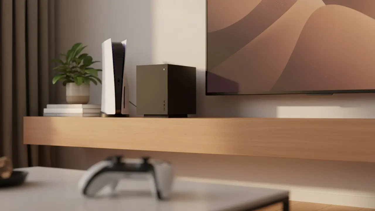 Ren gamingkonsol på en ryddet hylde med controller og TV i baggrunden