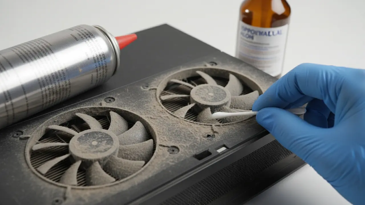 Nærbillede af ventilator og ventilationshuller med støv og rengøringsudstyr ved siden af