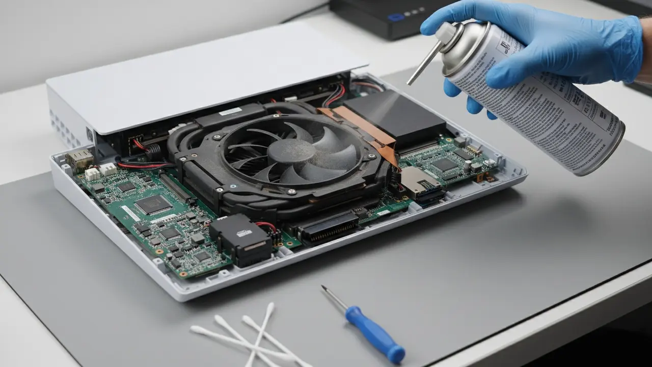 Åben konsol med synlige komponenter mens rengøring med trykluft udføres