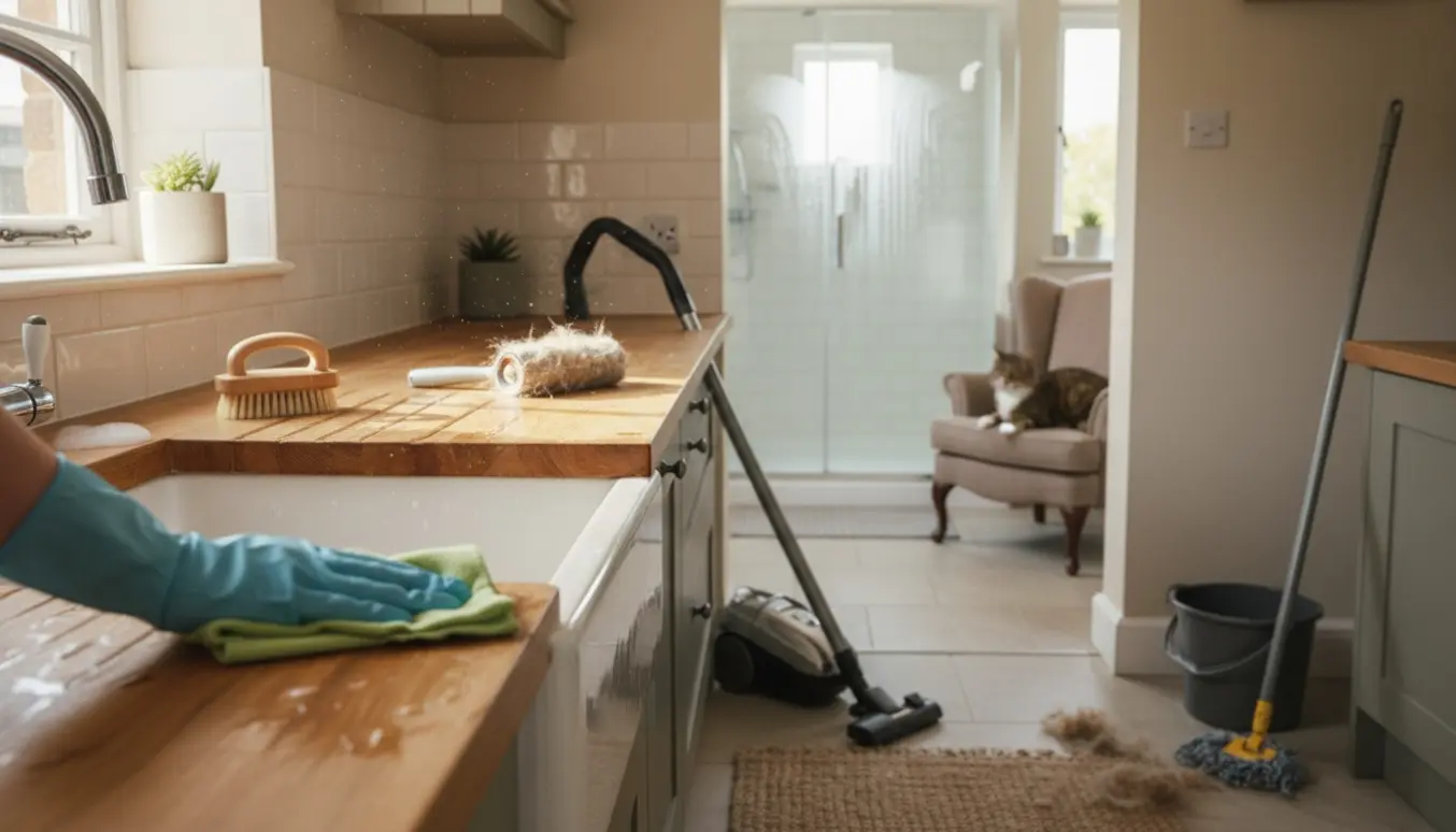 Hænder i handsker rengør køkken og badeværelse i et lille landhus, mens en kat hviler i vindueskarmen.