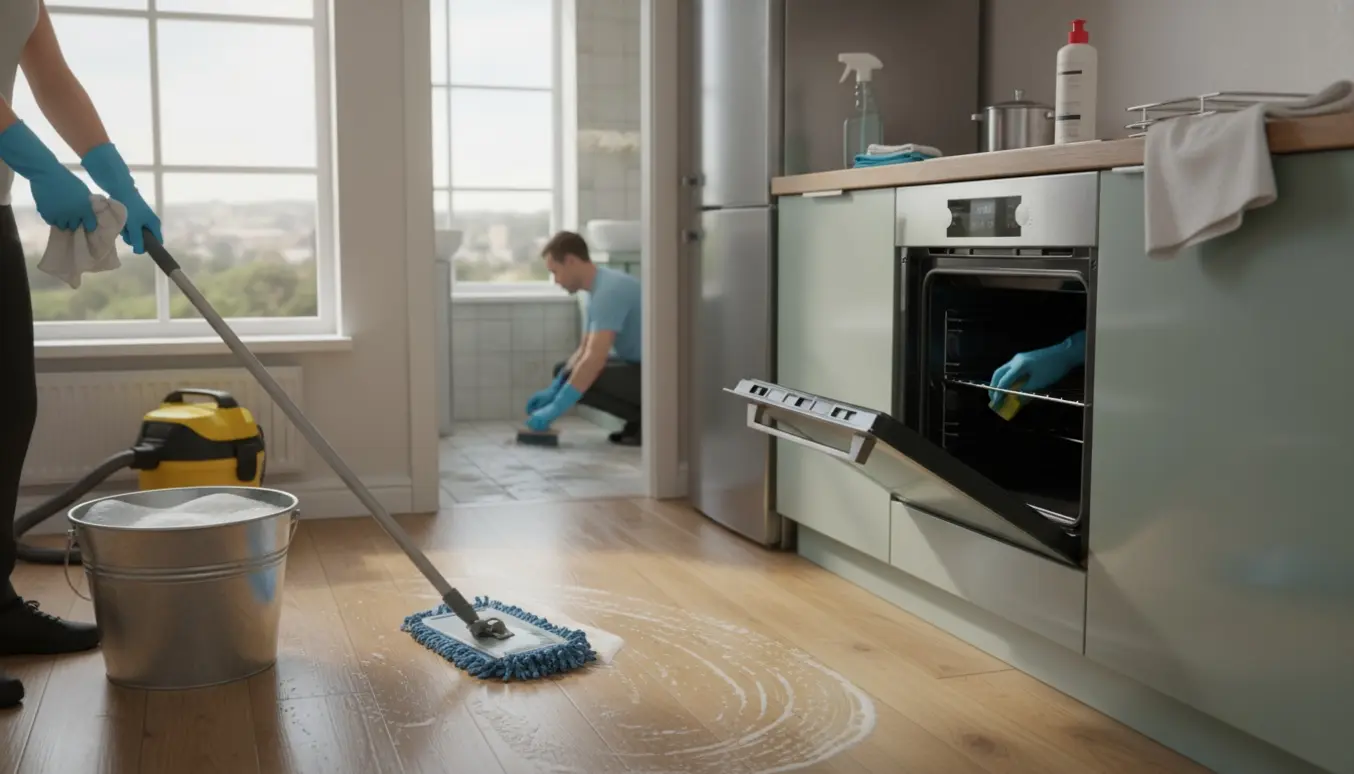 Hænder med gummihandsker rengør ovn, gulv og badeværelsesfliser i en lys lejlighed.