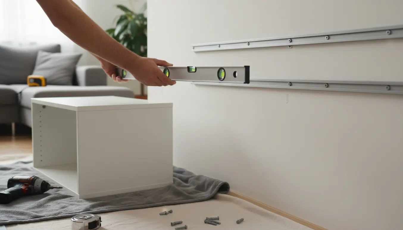 Hænder monterer to vægskinner til en IKEA Bestå-reol med værktøj og kabinet klar på gulvet.