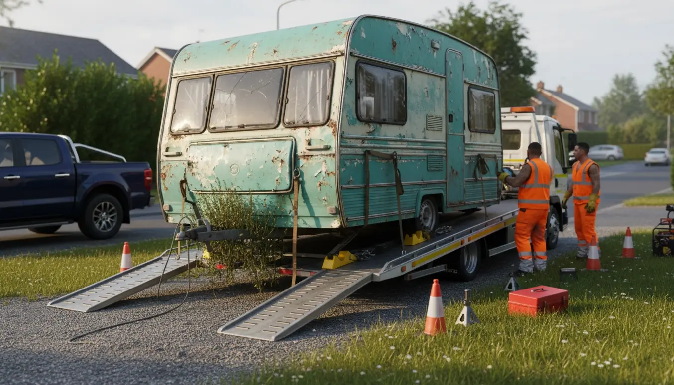 En gammel faldefærdig campingvogn bliver læsset på en fladvogn med vinsch og stropper.