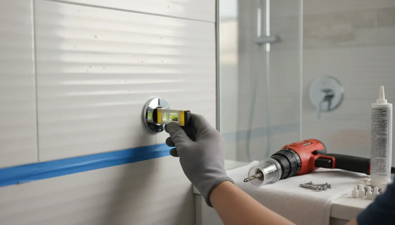 Hænder monterer en krom håndklædeholder på fliser i en brusekabine med værktøj og materialer.