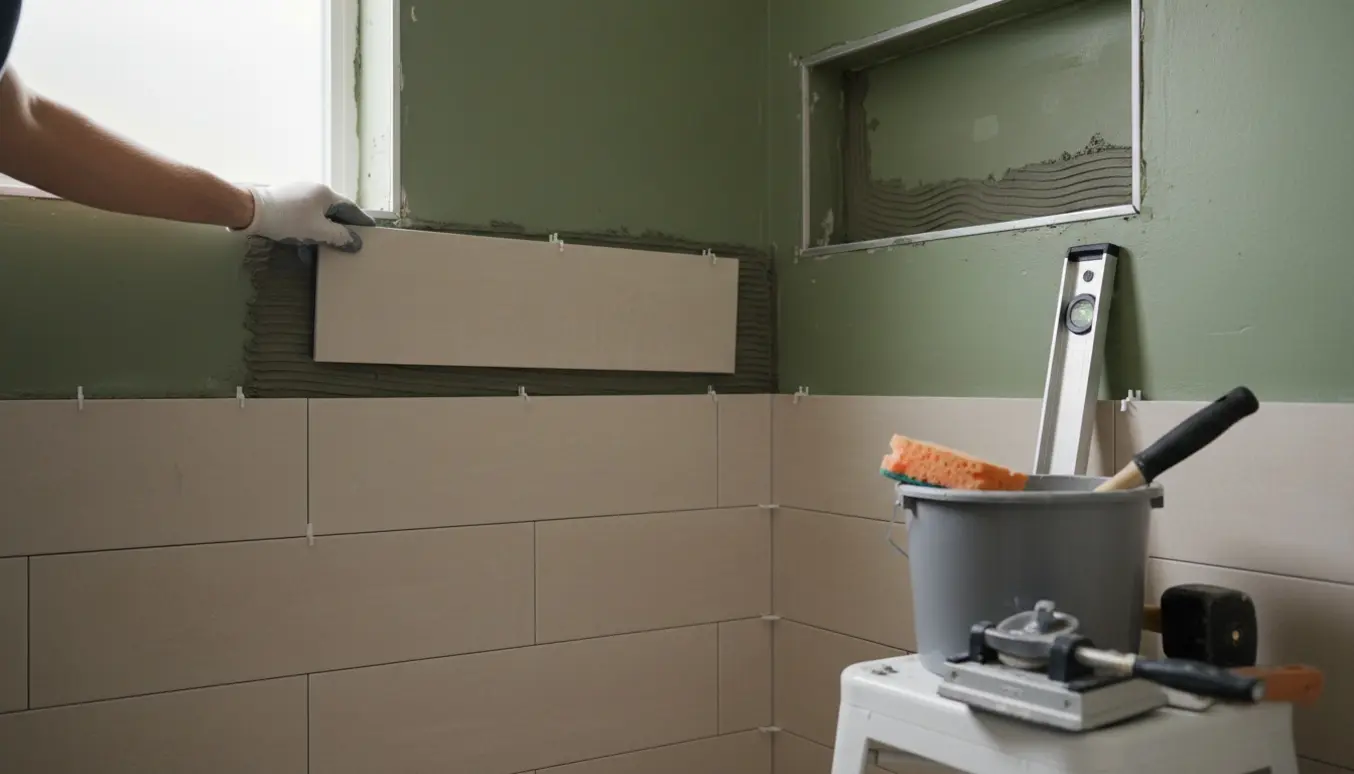 Hænder placerer en vægflise efter vådrumsbehandling med synlig grøn vandtæt membran og værktøj i forgrunden.