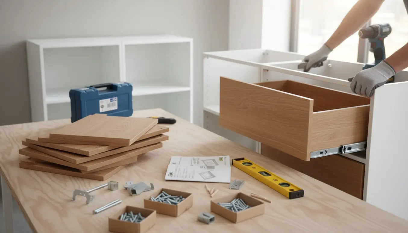 Nærbillede af montering af Ikea EXCEPTIONELL skuffe i et samlet skab med værktøj og en stak skuffer ved siden af.