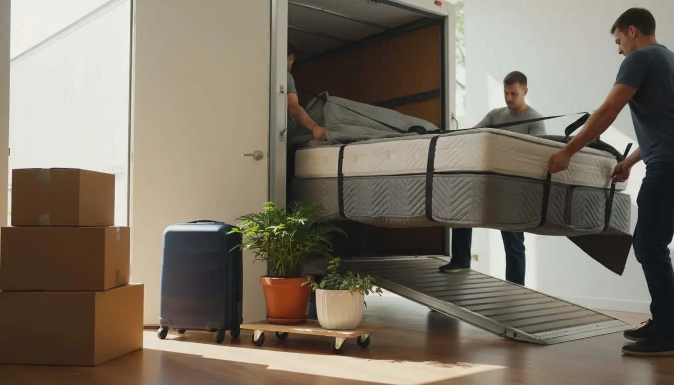 En stor seng, flyttekasser, kuffert og potteplanter læsses omhyggeligt ind i en åben flyttevogn i blødt dagslys.