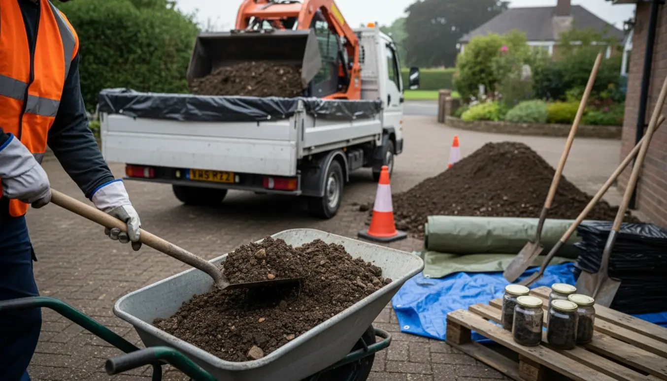 To læs let forurenet jord bliver læsset i en åben lastbil i indkørslen, arbejdere ses bagfra.