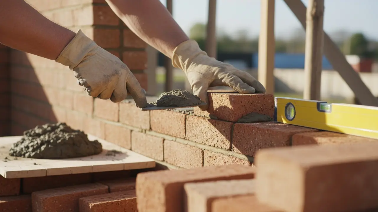 Murer lægger mursten med murske og vaterpas ved ny væg