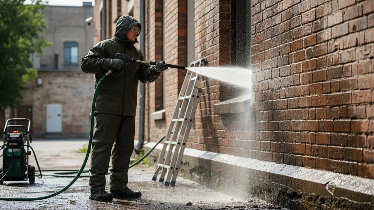 Person rengør murstensfacade med højtryksrenser, tydelig forskel på rent og snavset område
