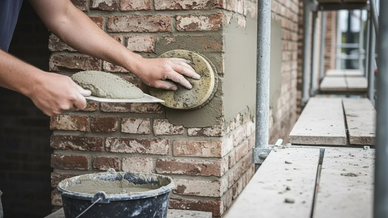 Håndværker udfører vandskuring med mørtel og skuresvamp, murstensstruktur skimtes underlaget