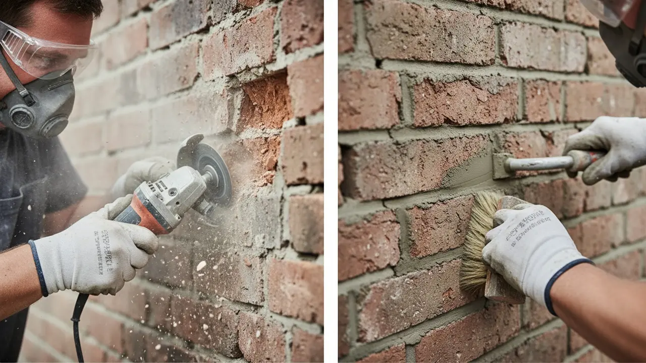 Udkradsning med vinkelsliber og efterfølgende omfugning med ny mørtel og fugebræt