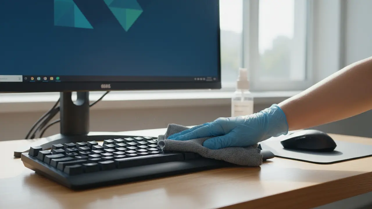 Hånd tørrer tastatur af med mikrofiberklud og desinfektionsmiddel ved arbejdsstation.
