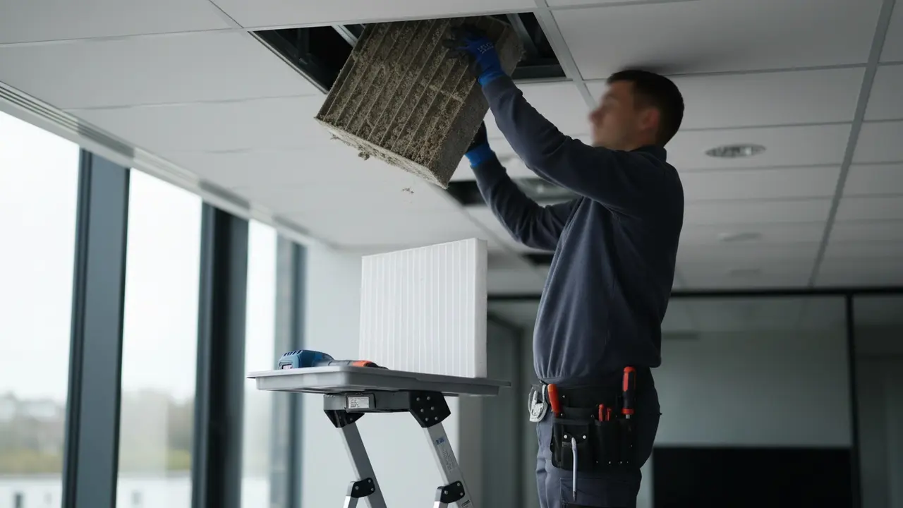 Tekniker udskifter et snavset ventilationsfilter i et loftsventil.